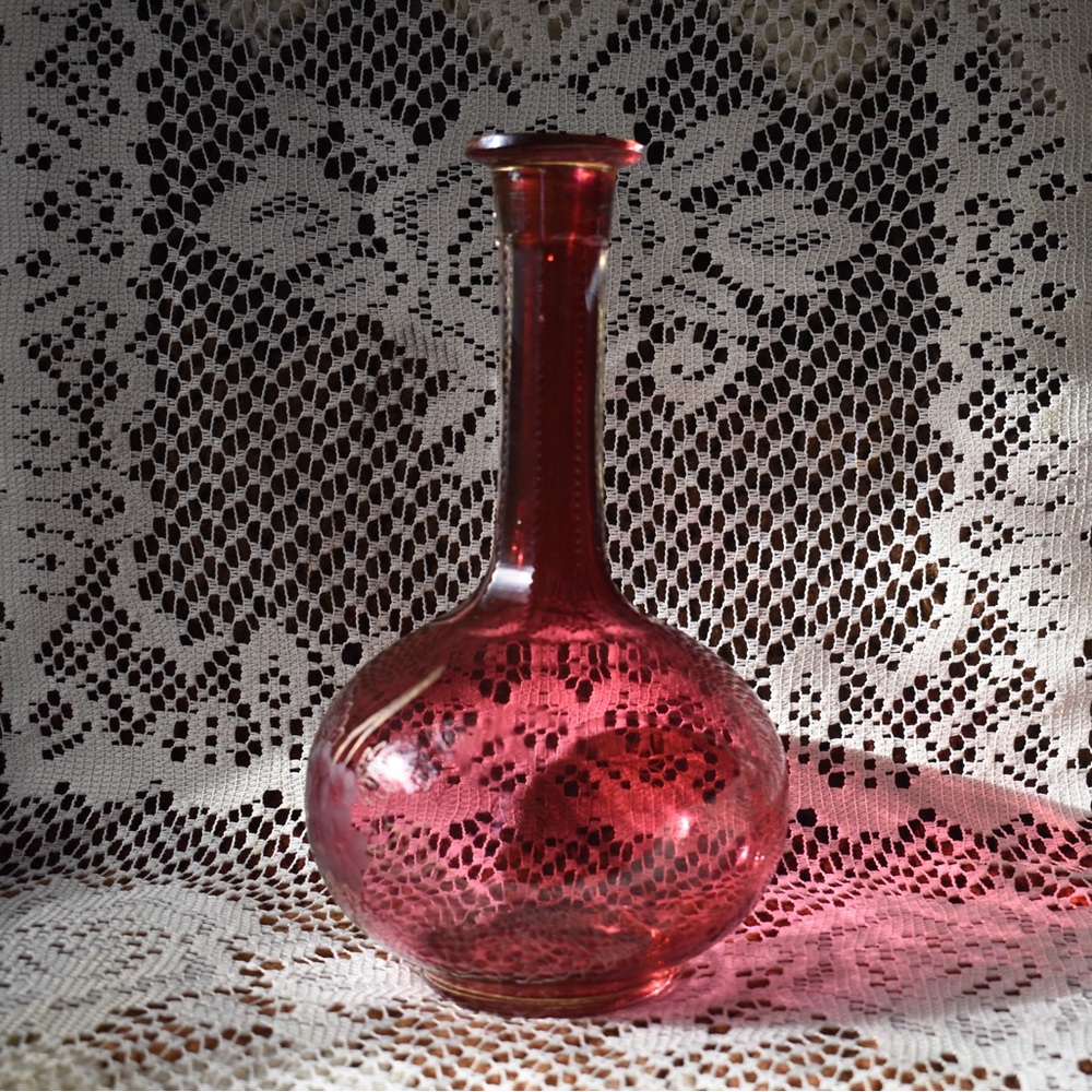 Vintage Red Glass Bottle with Floral Etched Design & Gold Details